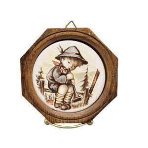 Hummel Boy on Fence Blowing Horn Frame Tile Wall Hanging German Boy
